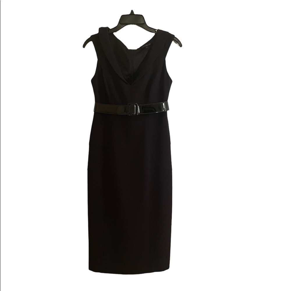 DAVID MEISTER Sleeveless V Neck Black Belted Midi Dress